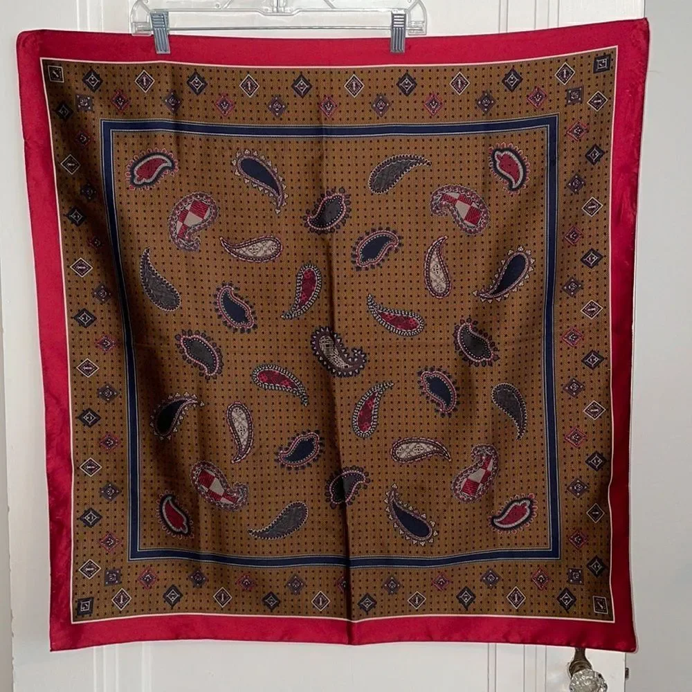 Vintage mid Century maroon, navy blue & tan paisley‎ large square scarf
